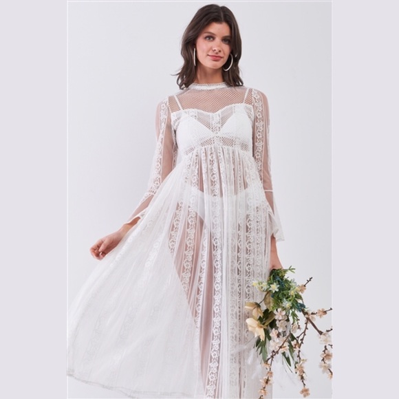 Boho Vintage Sheer Lace Midi Dress Flare Sleeves - Picture 3 of 8